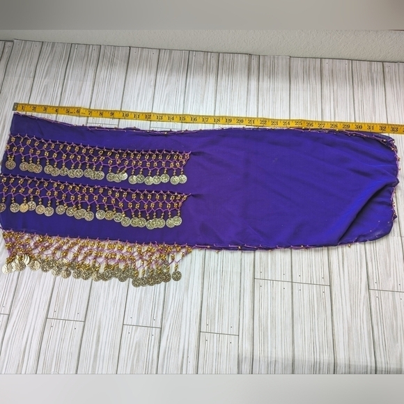 Chiffon Beaded Three Row Coin Festival Belt Scarf Wrap in Purple and Gold - Picture 11 of 14